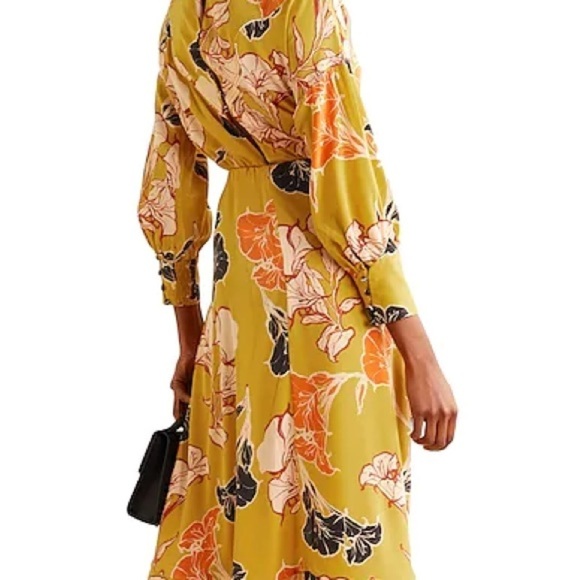 Johanna Ortiz /Yellow mustard Ochre wrap affect floral print midi ruffle Dress 4 - Picture 5 of 8
